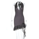 Purpdrank  Women's Sexy Polka Dot Halter Neck Bodycon Mini Dress Ruffle Hem Asymmetrical Party Dress