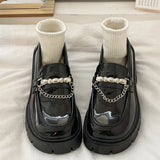 Purpdrank  String Bead Chain Decor Pumps for Women Elegant Round Toe Platform Loafers for Woman Party Non Slip Patent Leather Shoes Mujer