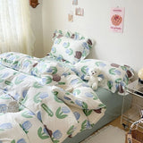 Purpdrank  Cute Floral Duvet Cover Set Ins Korean Style with Flat Sheet Pillowcase No filler Washed Cotton Queen Full Twin Home Bed Linen