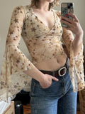 Purpdrank  French Style Y2k Vintage Summer V Neck Three Quarter Sleeve Flower Print Slim Women Blouse