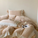 Purpdrank  French Double Layer Lace Ruffles Seersucker Bedding Set Duvet Cover Set Bedsheet Pillowcases INS Style Girls Room Bed Linen Set