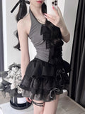 Purpdrank  Japanese Dark Gothic Women 3 Piece Set Halter Lace Patchwork Vest + Mini Skirt + Sweet Crop Cardigan Fashion Female Sexy Outfits