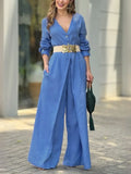 Purpdrank  Women's Solid Color Cotton Jumpsuit Elegant V Neck Long Sleeves Wide Leg Romper Casual Office Party One Piece Outfits