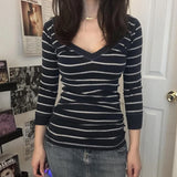 Purpdrank  Vintage T-shirt Women Autumn Rib Knitted V Neck Crop Tops Cottage Cyber Grunge Striped Long Sleeve Pullovers Tees Y2k Streetwear