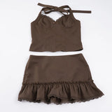 Purpdrank  Elegant Solid 2 Piece Outfit Women's Sexy Lace Trim V Front Sleeveless Halter Crop Top and Ruffles Mini Skirt Matching Set