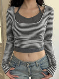 Purpdrank  Harajuku Fake Two Pieces Stripe T-shirts Y2k Aesthetic Casual Halter Cropped Tshirts Autumn Women Patchwork Grunge Bodycon Tops
