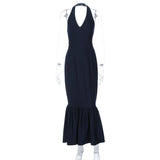 Purpdrank  Elegant Navy Blue Halter Mermaid Long Dress Women Sexy Deep V Front Sleeveless Backless Slim Bodycon Evening Party Gown