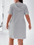 Purpdrank  Vintage Black White Striped Print T-shirt Mini Dress Women Knit Ribbed Short Sleeve Hooded V-neck Casual Summer Dress Streetwear