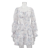 Purpdrank  Fashion Printing Lace Up Tierred Dresses Spring Women Square Collar Long Sleeved Short Dress Autumn High Waist Slim Mini Dress