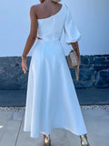 Purpdrank  Women Summer Skew Collar Loungewear Dress, Hollow Out Fashion Solid Elegant Maxi Dress, One Off Shoulder Patchwork Ladies Dress