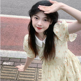 Purpdrank  Floral Cartoon Print Bodycon Dress Summer Long Dresses College Style Peter Pan Collar Sweet Girls' Long Skirt Women's Clothing