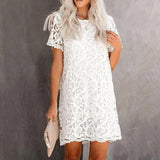 Purpdrank  Women Sexy Lace Hollow Out White Dresses Summer Casual O-Neck Short Sleeve Solid Streetwear Party Midi Dress Vestidos Mujer