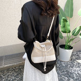 Purpdrank  Straw Woven Design Crossbody Bags For Women Summer Beach Drawstring Bucket Shoulder Bag Big Capacity Designer Handbag