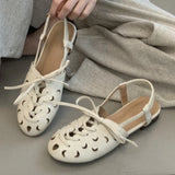 Purpdrank  Retro Hollow Lace-up Low Heel Pumps Women Fashion Roman Style Brand Designer Shoes Comfortable Round Toe Back Strap Casual Shoes