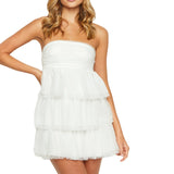 Purpdrank  Women's Tube Top Dress Strapless Solid Color Ruffle Hem Mini Party Dress Slim Fit Tiered Dress