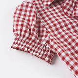 Purpdrank  Retro Red Checkered Shirt Top Women's Pleated Lace Up Bubble Sleeve Short Sleeved T-shirt