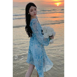 Purpdrank  Summer French Style Puff Sleeve V-Neck Backless Tie-Dye Printed Long Sleeve Puff Ball Holiday Dress for Women