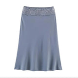 Purpdrank  3 colors Retro Spliced Lace Low Waist Knitted Midi Long Skirt Spring Summer Women A-lined Skirts Femme Grayblue Black Brown