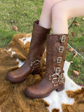Purpdrank  Brown Belt Bule Western Boots Women's Spring Summer Retro over Knee Long Boots  Boots Casual High Top Faion Boots