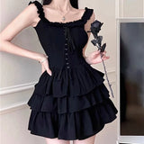 Purpdrank  Gothic Black Sexy Slip Dress Y2K Harajuku Streetwear Punk Lace Up Cake Dress Female Summer Korean Fashion Party Ruffles Dresses