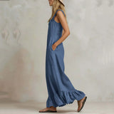 Purpdrank  New Summer Ruffle Hem Wide Leg Jumpsuit Women Button Square Neck Casual Loose Romper Retro Sleeveless High Waist Pocket Playsuit