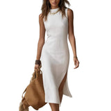 Purpdrank  Fashion Basic Slim Midi Dresses Women's Sexy O-Neck Side Split Sleeveless Solid color Bodycon Robe Commute Vacation