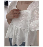 Purpdrank  Summer Cotton Puff Sleeve Women's T-shirts 2025 New Square Collar Backless Hollow Out Casual Loose Shirts Tops Female