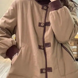 Purpdrank  Vintage Patchwork Cotton-padded Jacket Winter Women's Clothing Warm Parkas Long Sleeve Coat Single-breasted Pockets Short Tops