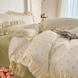 Purpdrank  3/4Pcs Korean Floral Lace Ruffles 100% Cotton Bedding Set Single Queen king Duvet Cover Set Flat/Fitted Bed Sheet Pillowcases