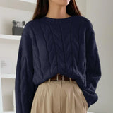 Purpdrank  Women Fall Winter Twist Knit Top Pullover Sweater Loose Round Neck Solid Color Versatile Fashionable Comfortable Petite