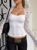Purpdrank  Black T-Shirt Women Fashion Square Collar Patchwork Lace Tops Floral Print Long Sleeve Sexy Crop T-Shirt Summer New