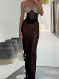 Purpdrank  Sexy Sheer Mesh Women Two Piece Dress Sets 2025 Summer Fashion Sequined Strapless Bandage Tube Top and Long Skirts Matching Set