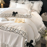 Purpdrank  Korean Style Lace Ruffles Princess Bedding Set, Duvet Cover, Bed Skirt, Fitted Sheet, Flat Sheet, Pillowcases, Black Bow, White