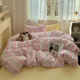 Purpdrank  Bed Linen Bedding Set Solid Color Stripes Printing Washed Cotton Bedroom Decor Duvet Cover Pillowcase Bedspread Four Piece Sets
