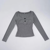 Purpdrank  Casual Solid T Ribbed Shirt Basic Slim-Fit U-Neck Long Sleeve Tees Women Autumn Spring Fashion Streetwear Layering Tops