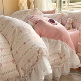 Purpdrank  Skin Friendly Printed Bedding Set With Lace Duvet Cover Bed Sheet Pillowcases A-Class Four Piece Set Bedroom Decor Home Textiles