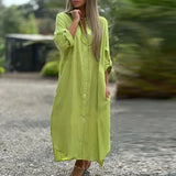 Purpdrank  Long Sleeve Maxi Dresses Women Turn Down Collar Casual Cotton Linen Button Shirt Dress Holiday Long Dresses Robe