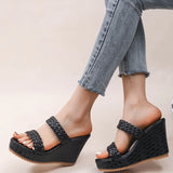 Purpdrank  Women's Retro Thick Bottom High Heel Sandals Woven Patent Leather Wedge Sandal Female Office Ladies Non Slip Black Slides Mujer
