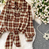 Purpdrank  Retro Hong Kong Sle Plaid Long Sve irt Women's ort Length Turn-down Collar Slimming Waist Tie Top for Autumn 2025