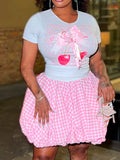 Purpdrank  Sweet Pink Checkered Plaid Bubble Skirt Sets Women 2025 Summer Fashion Two Piece Bowknot Printed Tees and Mini Tutu Skirt Suits