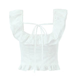 Purpdrank  White Spliced Wood ears Ruffles Embroidery Hollow Out Hole Sexy Corset Women Summer Tank Tops Slim Through Buttons Crop Top