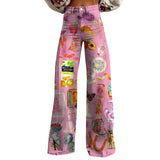 Purpdrank  Vintage Gradient Faux Denim Pants Womens Wide Leg New Fashion High Waist Casual Retro Punk Women Faux Denim Trousers Jeans