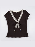 Purpdrank  Dark Brown Lace V Neck Tie Front Women's Chic Tops Short Sleeve Ruched Fitted Blouse New Lady Daily Commute Street Shirts