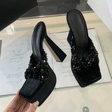 Purpdrank  Street Women Sexy Square Toe Super High Heels Modern Slippers Fish Scales Pleated Narrow Band Platform Sandal Female Shoes