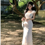 Purpdrank  Elegant Slim Fit Long Dress Summer New Style Tea Break Fish Tail Gown Square Collar Ladylike Pleated A-Line Dress