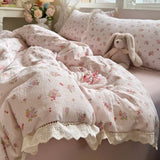 Purpdrank  Korean Style Girly Heart Floral Double Layer Gauze Four-Piece Set Princess Style Lace Trim Quilt Cover Bed Sheet Dormitory