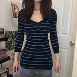 Purpdrank  Vintage T-shirt Women Autumn Rib Knitted V Neck Crop Tops Cottage Cyber Grunge Striped Long Sleeve Pullovers Tees Y2k Streetwear