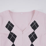 Purpdrank  Fashion Argyle Print Matching Set Women's Zip-up Front V-Neck Long Sleeve T Shirt&Shorts 2 Piece Outfit Casual Lounge Wear