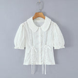 Purpdrank  Sweet White Embroidery Hollow Out Hole Splice Lace Peter Pan Collar Short Sleeve Shirt Women Ribbon Front Slim Crop Tops