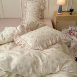 Purpdrank  3/4Pcs Flower Prints 100% Cotton Korean Princess Style Bedding Set Single Queen Duvet Cover Bed Sheet/Fitted Sheet Pillowcase